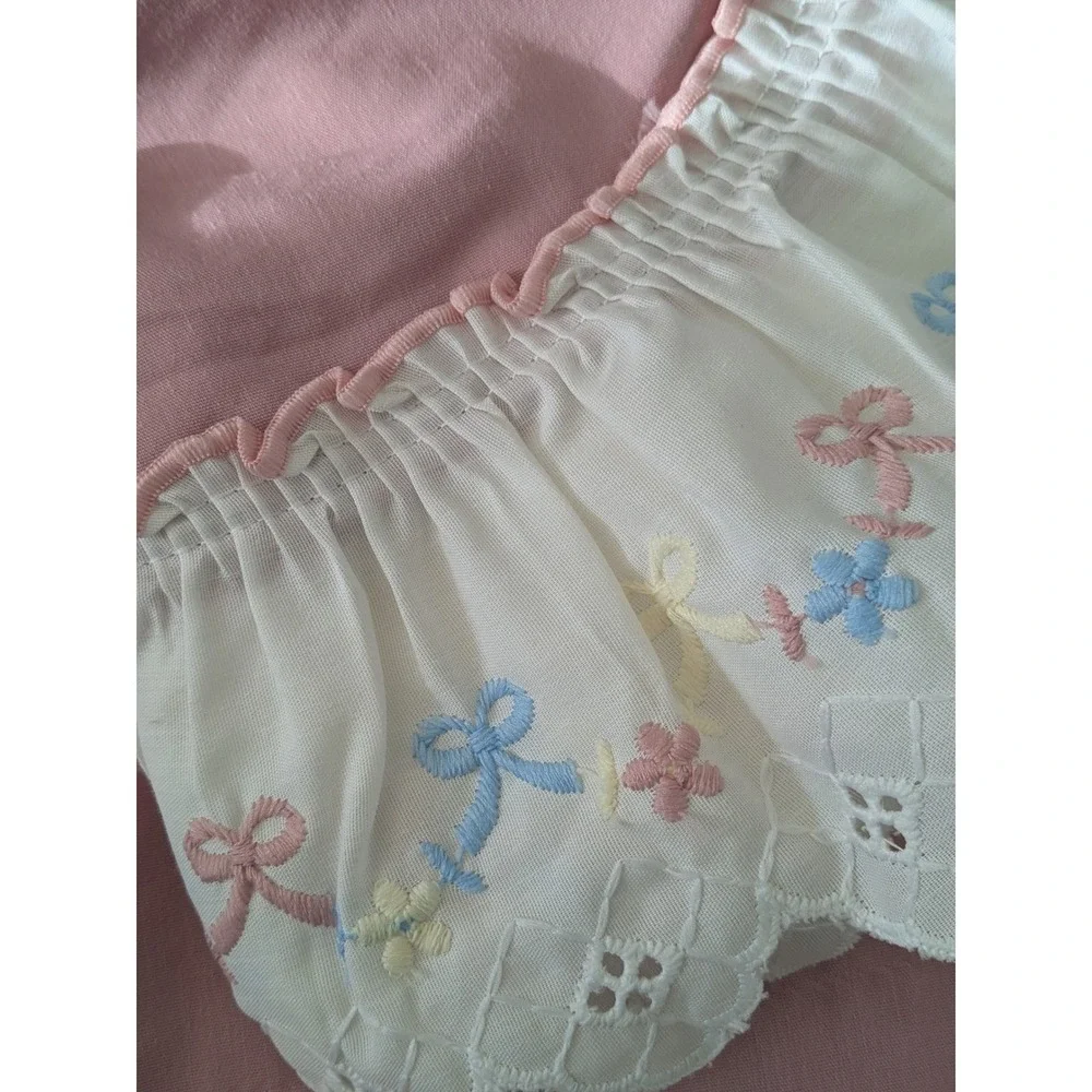 Vintage Pink Embroidered Bow Floral‎ Eyelet Valances Curtains 60 inch Wide